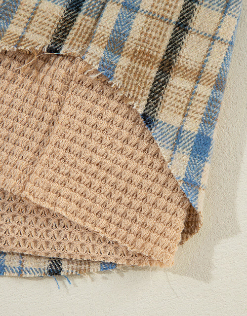 Load image into Gallery viewer, Drawstring Waffle Knit Patchwork Hooded Plaid Shacket
