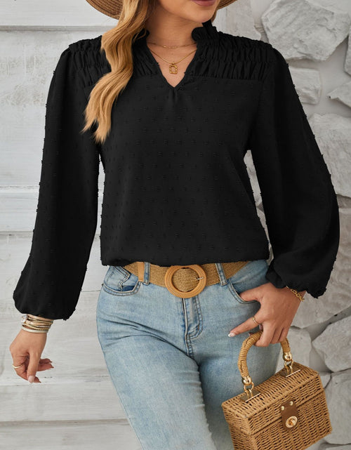 Load image into Gallery viewer, Ruched Swiss Dot Notched Balloon Sleeve T-Shirt
