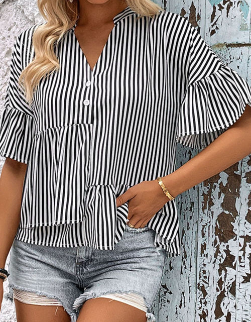 Load image into Gallery viewer, Perfee Striped Asymmetrical Flounce Sleeve Blouse
