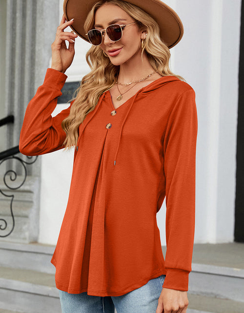 Load image into Gallery viewer, Decorative Button Drawstring Long Sleeve Hoodie
