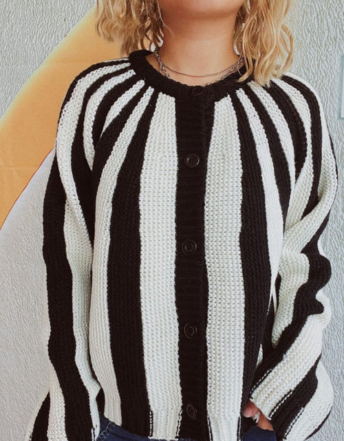 Load image into Gallery viewer, Contrast Stripes Button Down Long Sleeve Cardigan
