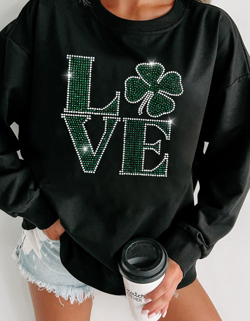 Load image into Gallery viewer, LOVE Rhinestone Clover Round Neck Sweatshirt
