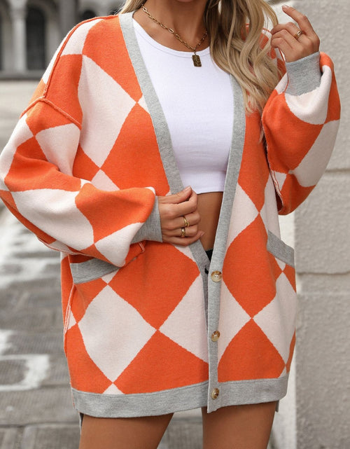 Load image into Gallery viewer, Checkered Dropped Shoulder Long Sleeve Cardigan
