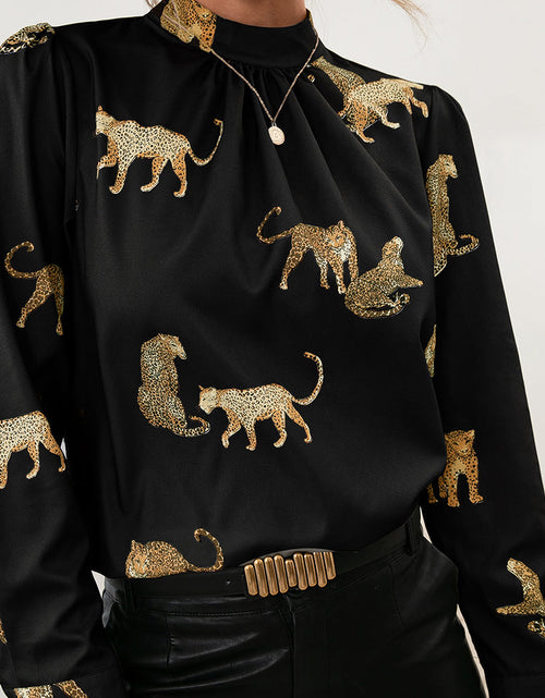 Load image into Gallery viewer, Ivy Lane Leopard Graphic Mock Neck Puff Sleeve Blouse
