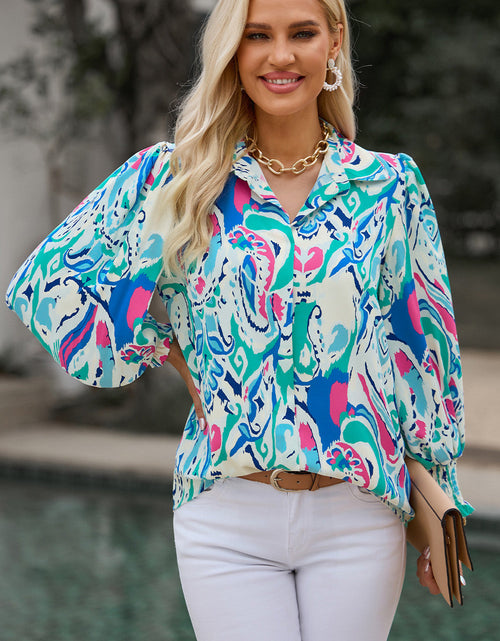 Load image into Gallery viewer, Printed Puff Sleeve Collared Blouse
