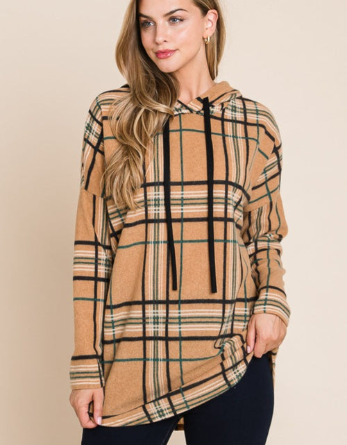 Load image into Gallery viewer, BOMBOM Drawstring Plaid Long Sleeve Hoodie

