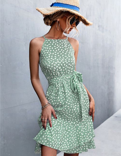 Load image into Gallery viewer, Printed Tie Waist Ruffle Hem Sleeveless Dress
