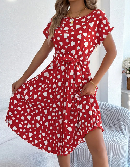 Load image into Gallery viewer, Heart Print Short Sleeve Tie Waist Dress
