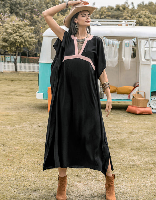 Load image into Gallery viewer, Contrast Trim Notched Slit Short Sleeve Midi Dress
