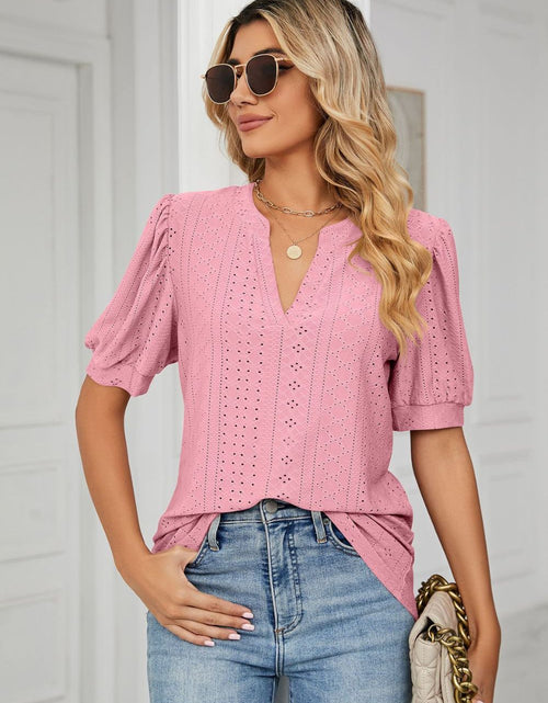 Load image into Gallery viewer, Eyelet Short Puff Sleeve Notched Neck Top
