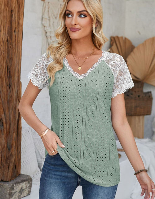 Load image into Gallery viewer, Eyelet V-Neck Lace Short Sleeve T-Shirt

