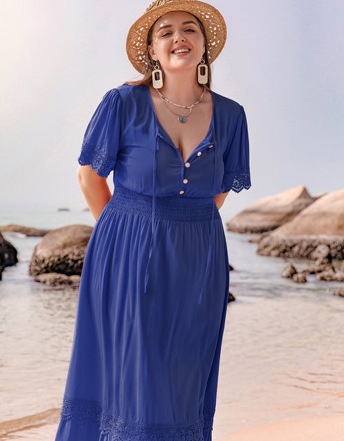 Load image into Gallery viewer, Plus Size Lace Detail Tie Neck Short Sleeve Maxi Dress

