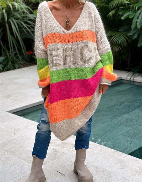 Load image into Gallery viewer, Color Block V-Neck Long Sleeve Sweater Dress
