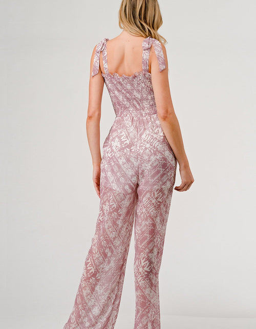 Load image into Gallery viewer, GeeGee Printed Tie Shoulder Wide Leg Jumpsuit
