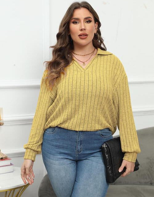 Load image into Gallery viewer, Plus Size Ribbed Collared Neck Long Sleeve Blouse
