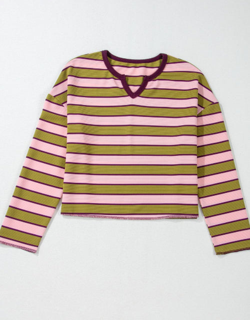 Load image into Gallery viewer, Striped Notched Long Sleeve T-Shirt
