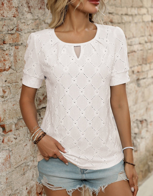 Load image into Gallery viewer, Eyelet Round Neck Short Sleeve Top
