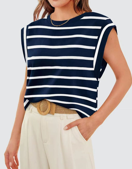 Load image into Gallery viewer, Florira Striped Round Neck Cap Sleeve T-Shirt
