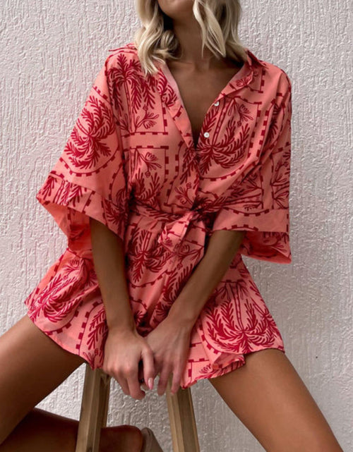Load image into Gallery viewer, Printed Tie Waist Half Sleeve Romper
