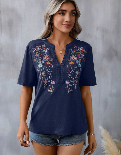 Load image into Gallery viewer, Embroidered Notched Short Sleeve T-Shirt
