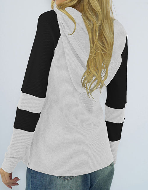 Load image into Gallery viewer, Shiny Waffle-Knit Raglan Sleeve Zipper Front Hoody
