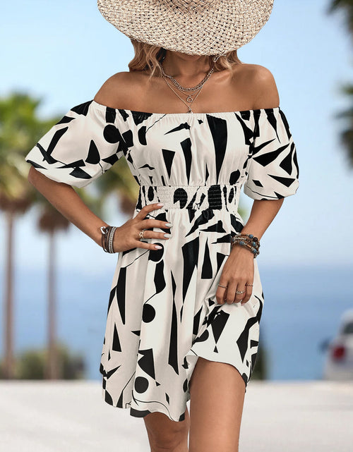 Load image into Gallery viewer, Printed Off-Shoulder Smocked Waist Dress
