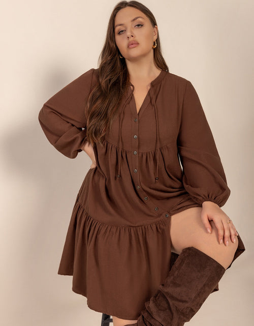 Load image into Gallery viewer, Plus Size Tie Neck Balloon Sleeve Tiered Dress
