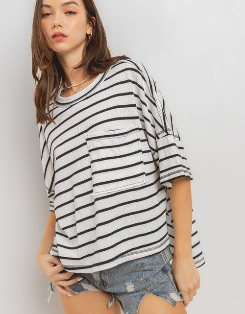 Load image into Gallery viewer, Ces Femme Side Slit Striped Round Neck Half Sleeve T-Shirt

