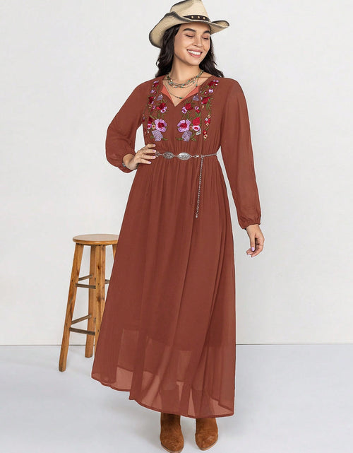 Load image into Gallery viewer, Plus Size Embroidered Tie Neck Long Sleeve Dress
