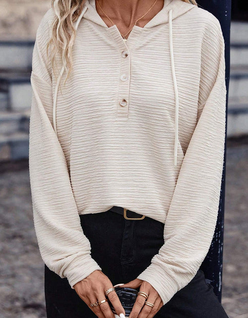 Load image into Gallery viewer, Drawstring Half Button Dropped Shoulder Hoodie
