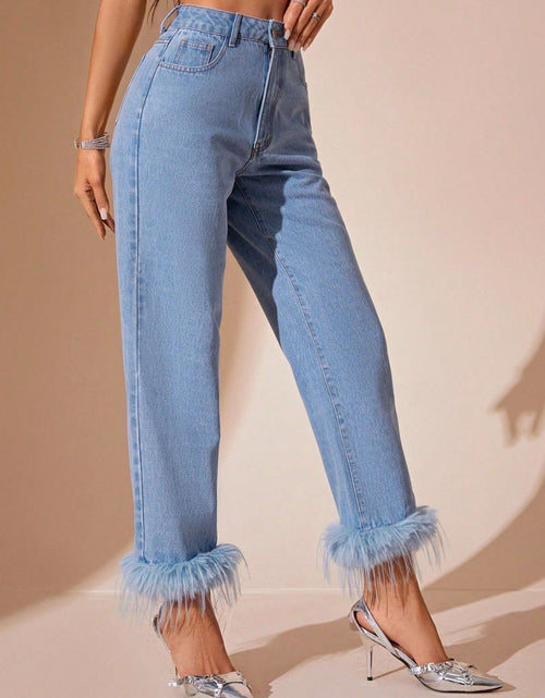 Load image into Gallery viewer, Plush Hem High Rise Straight Jeans
