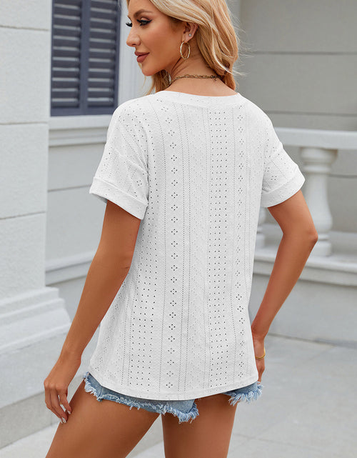 Load image into Gallery viewer, Eyelet V-Neck Short Sleeve T-Shirt

