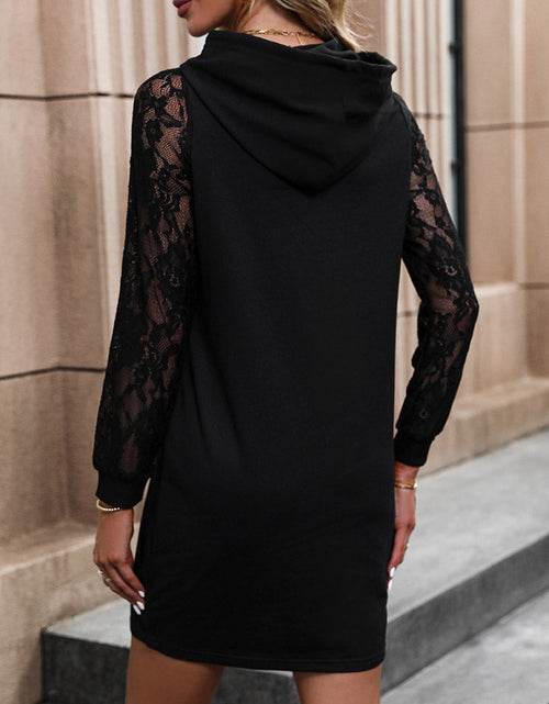 Load image into Gallery viewer, Perfee Lace Trim Long Sleeve Hooded Dress
