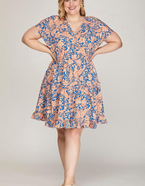 Load image into Gallery viewer, She + Sky Full Size Ruffled Hem Printed Surplice Kimono Sleeve Mini Dress Plus Size
