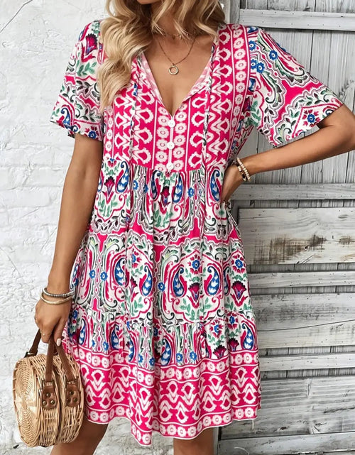 Load image into Gallery viewer, Printed Tie Neck Short Sleeve Dress
