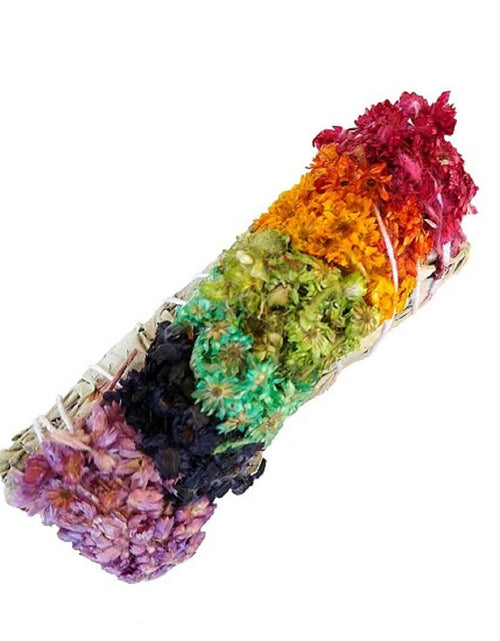 Load image into Gallery viewer, White sage smudge stick with 7 Chakra flower Sage Bundle - 4" by OMSutra
