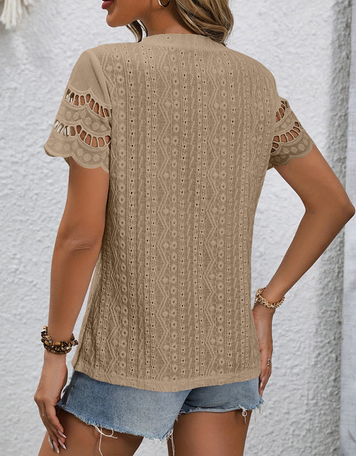 Load image into Gallery viewer, Full Size Eyelet Round Neck Short Sleeve Top
