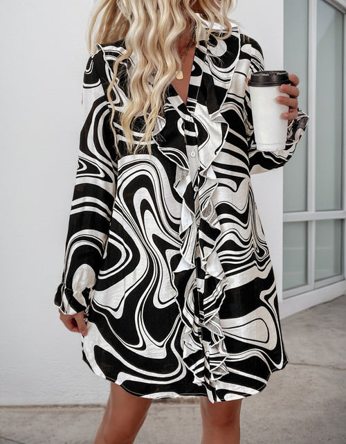 Load image into Gallery viewer, Perfee Ruffled Printed V-Neck Long Sleeve Dress
