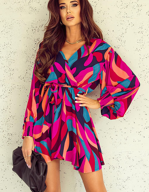 Load image into Gallery viewer, Printed Surplice Neck Tie Waist Dress
