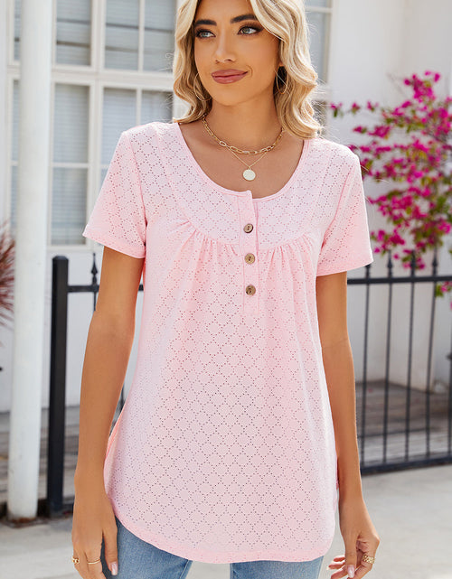 Load image into Gallery viewer, Eyelet Quarter Button Short Sleeve T-Shirt
