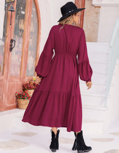 Load image into Gallery viewer, V-Neck Lantern Sleeve Ruffle Hem Dress
