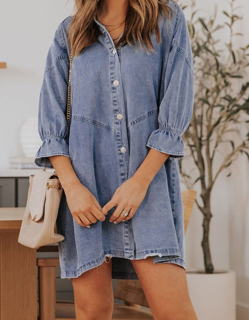 Load image into Gallery viewer, Distressed Collared Neck Flounce Sleeve Denim Dress
