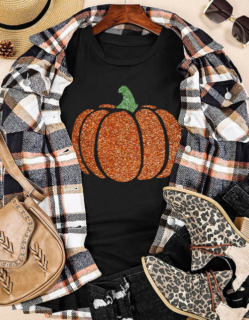 Load image into Gallery viewer, Glitter Pumpkin Round Neck Short Sleeve T-Shirt
