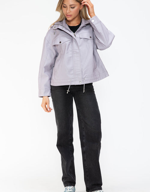 Load image into Gallery viewer, How Dare U Drawstring Hem PU Leather Zip Up Jacket
