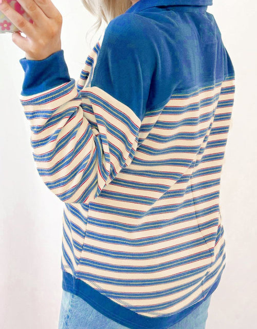 Load image into Gallery viewer, Striped Johnny Collar Long Sleeve Sweatshirt
