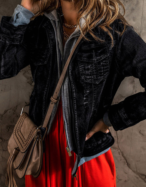 Load image into Gallery viewer, Fake Two-Piece Hooded Zip-Up Denim Jacket
