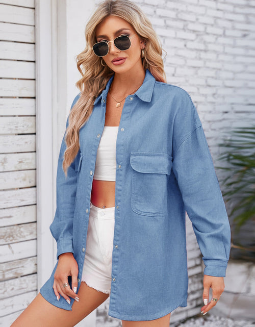 Load image into Gallery viewer, Pocketed Snap Down Dropped Shoulder Denim Shacket
