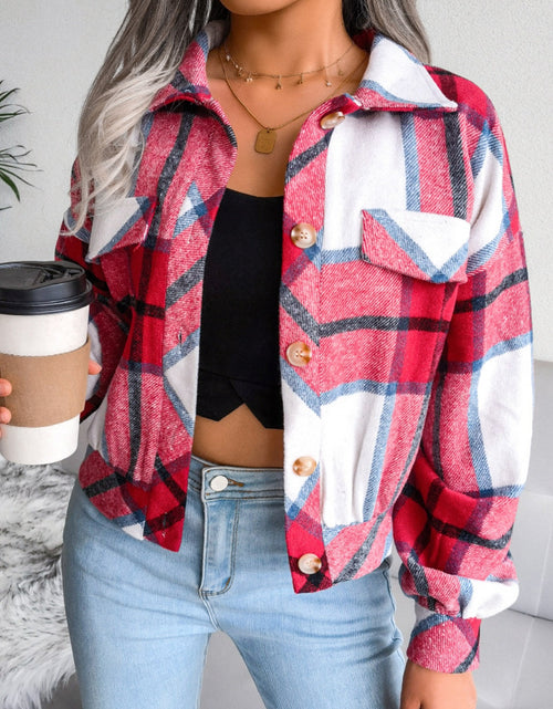 Load image into Gallery viewer, Plaid Collared Neck Long Sleeve Jacket
