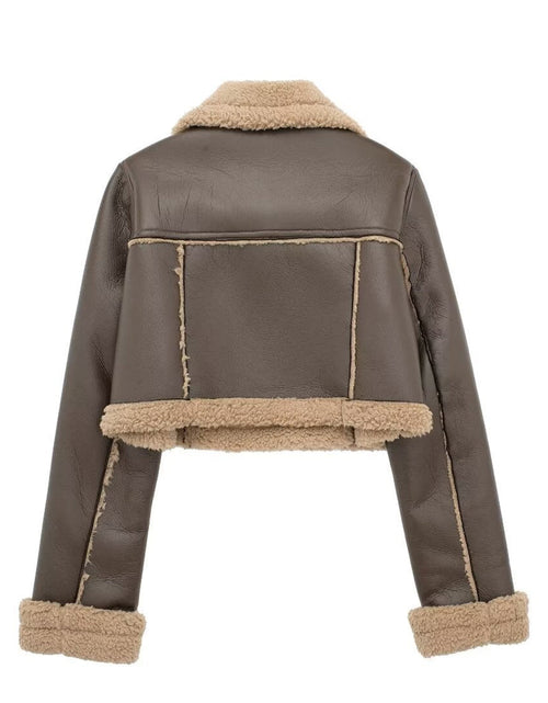 Load image into Gallery viewer, Collared Neck Long Sleeve Plush Cropped Jacket
