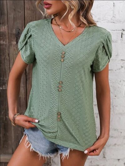 Load image into Gallery viewer, Eyelet V-Neck Petal Sleeve T-Shirt
